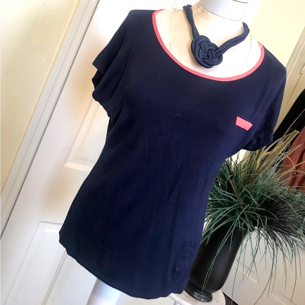 Navy & Coral Knit Top w/Keyhole Back Detail